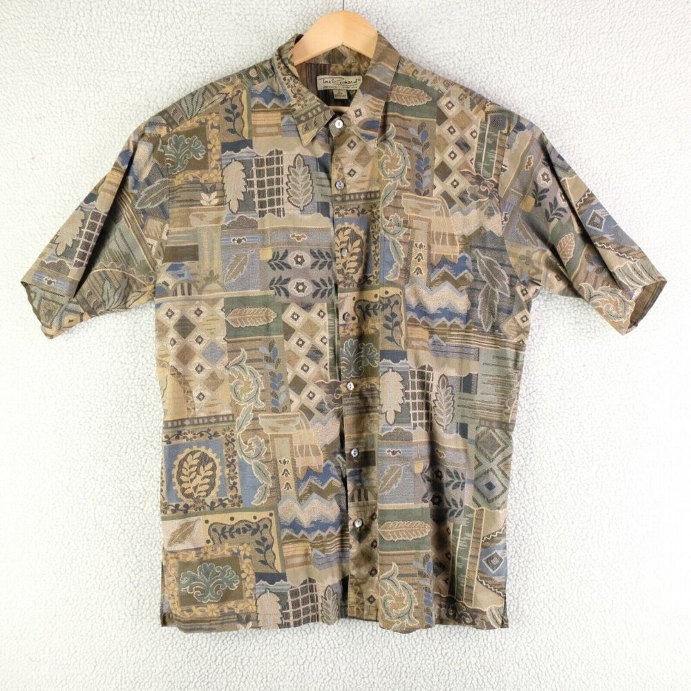 Tori Richard Shirt Mens Large Beige Green Button Up Cotton Lawn Retro 90s